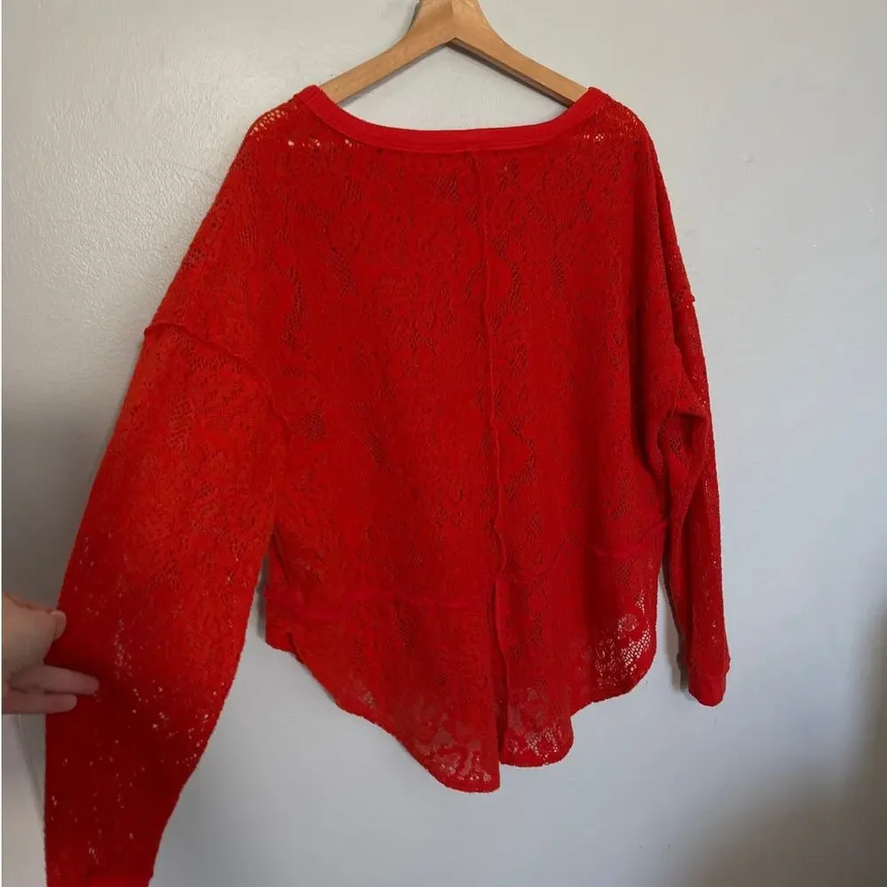Women's Size S Orange Free People Not Cold in This Floral Orange Red Crochet Top